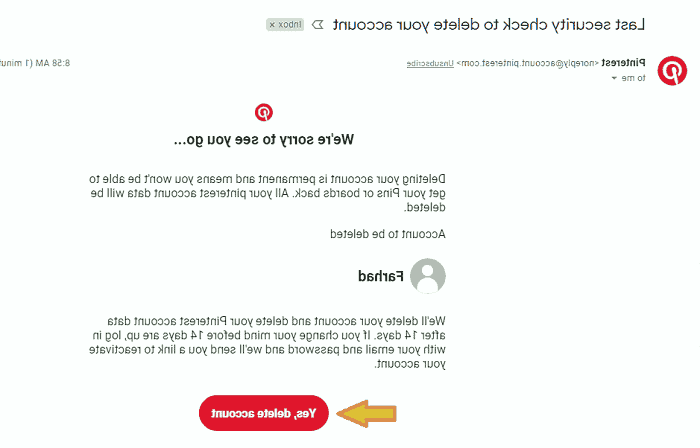 ایمیل دریافتی از پینترست را باز کنید ایمیل حذف حساب