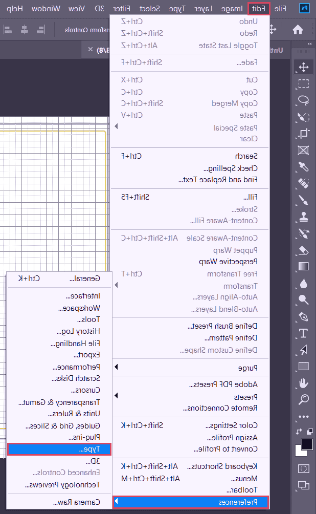 گزینه edit را انتخاب کنید مشکل تایپ فارسی در فتوشاپ