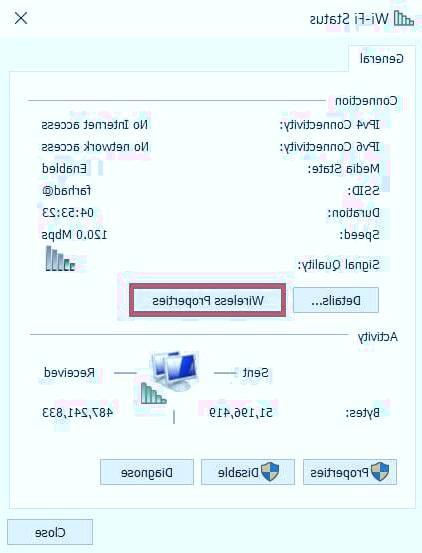 بر روی گزینه Wireless Properties کلیک کنید Wireless Properties