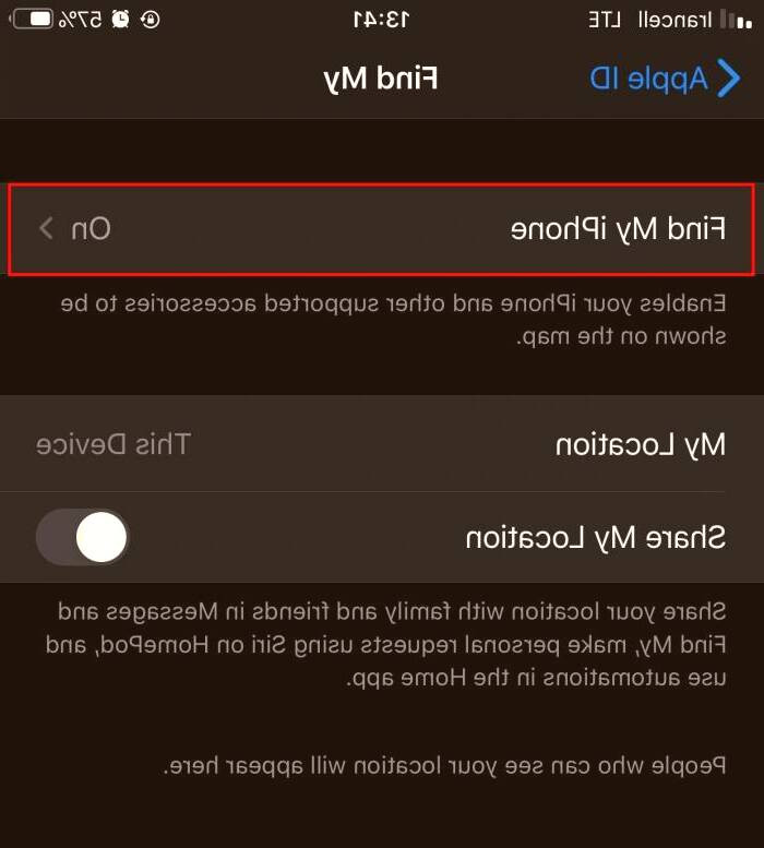 گزینه fikd my iphone را انتخاب کنید پیدا کردن گوشی آیفون