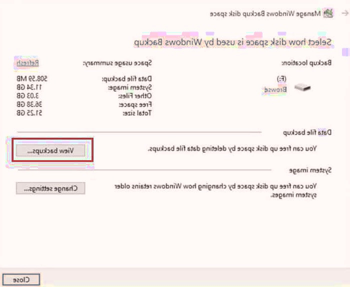 گزینه View backups را انتخاب کنید حذف بکاپ های ویندوز