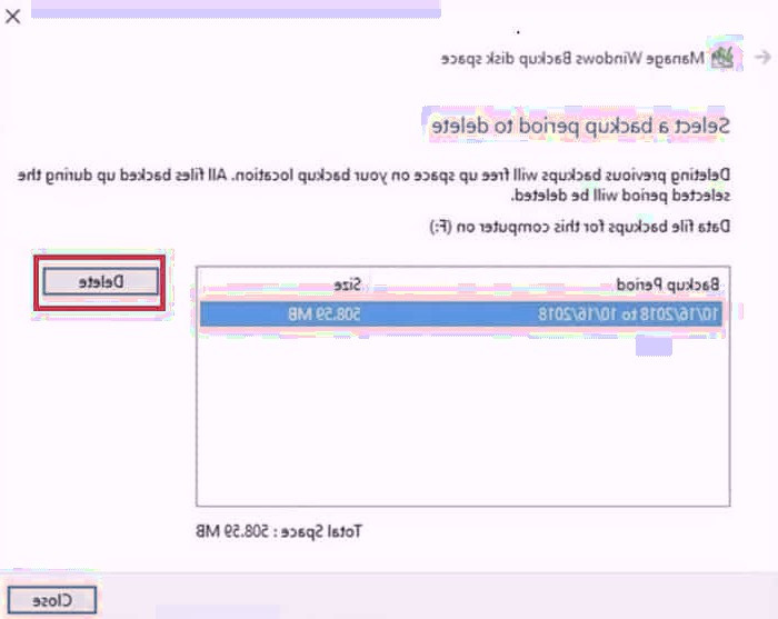 گزینه delete را انتخاب کنید بکاپ های ویندوز