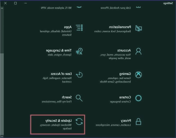 گزینه Update & Security را از تنظیمات ویندوز انتخاب کنید پنجره تنظیمات ویندوز