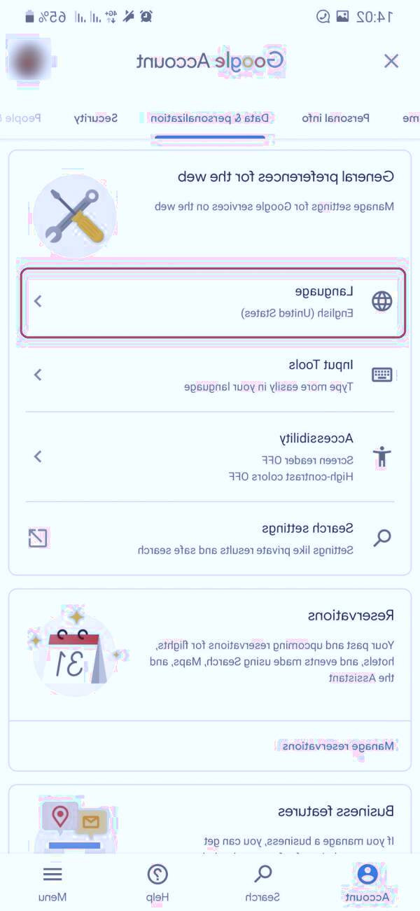 گزینه language را انتخاب کنید تغییر زبان گوگل