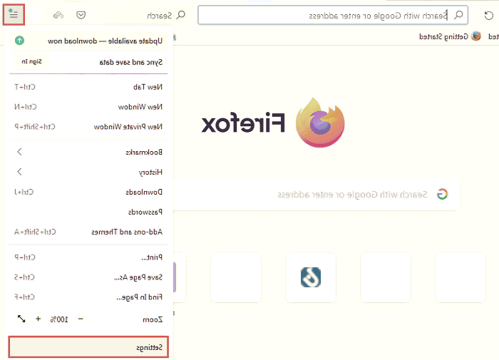 گزینه settings را انتخاب کنید موزیلا