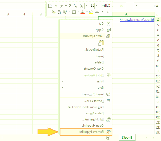 حذف لینک اکسل از طریق Context menu منو context اکسل