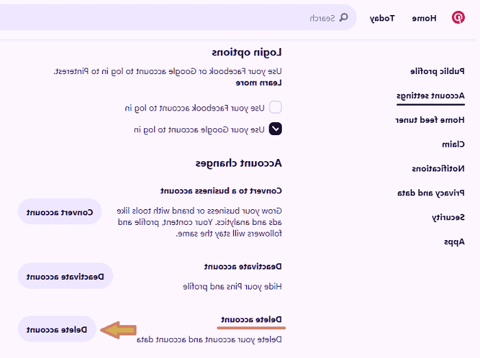 حذف حساب پینترست
