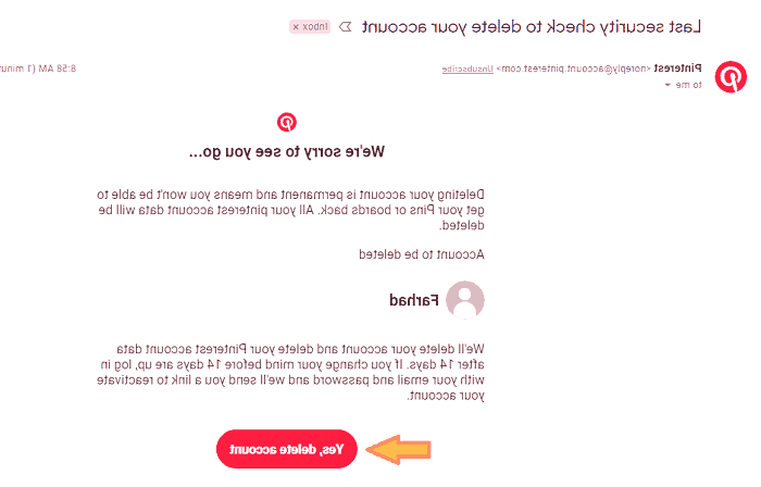 ایمیل حذف حساب