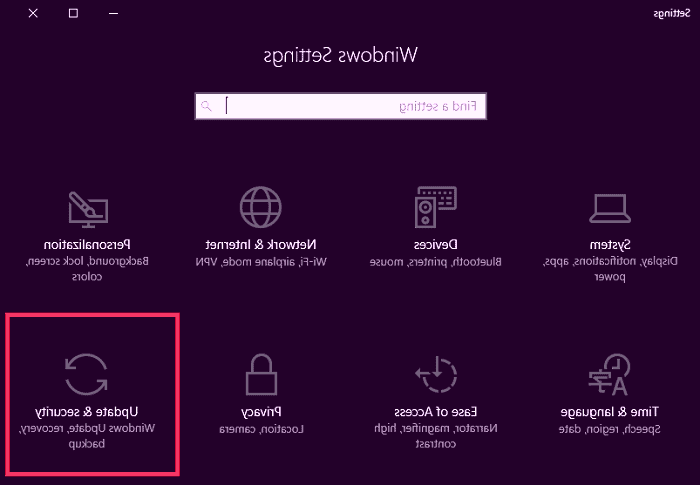 گزینه Update & Security را در تنظیمات ویندوز انتخاب کنید تنظیمات ویندوز