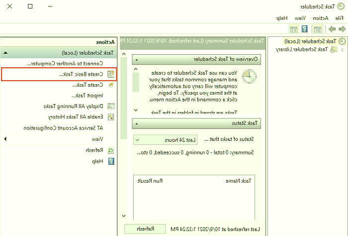 گزینه مشخص شده را انتخاب کنید پنجره Task Scheduler