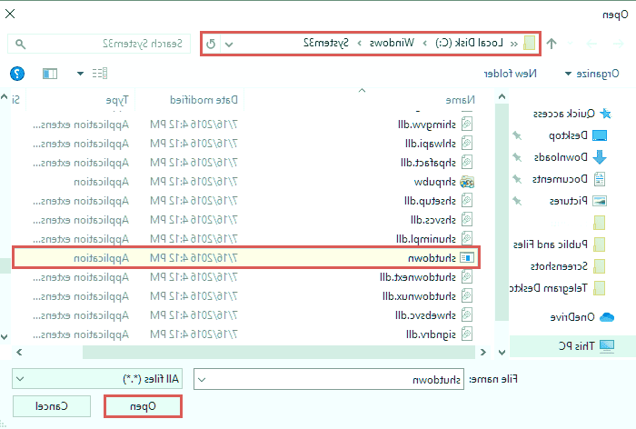 فایل shutdown را انتخاب کنید فایل shutdown