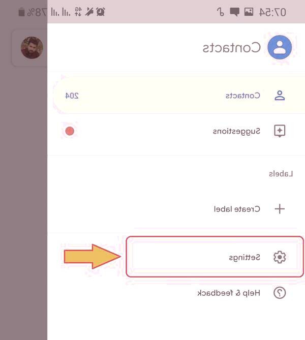 بر روی Settings کلیک کنید دفترچه تلفن اندروید