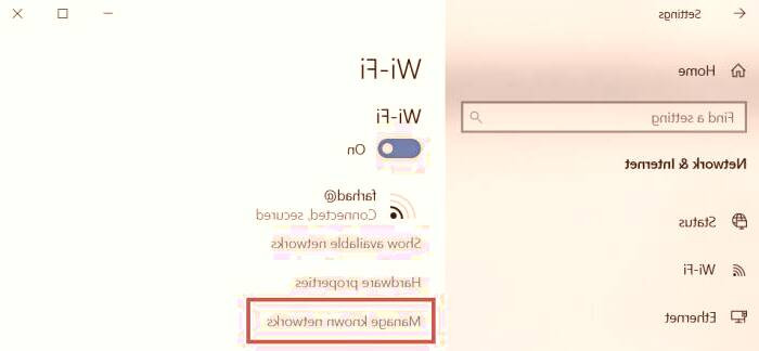 Manage known networks را انتخاب کنید ویندوز 10